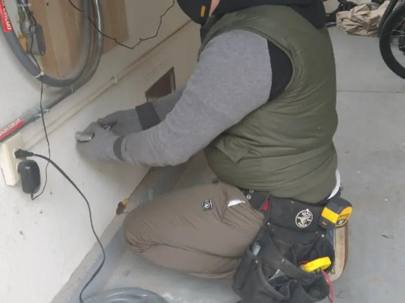 Electrician performing outlet wiring in a Bayonet Point garage